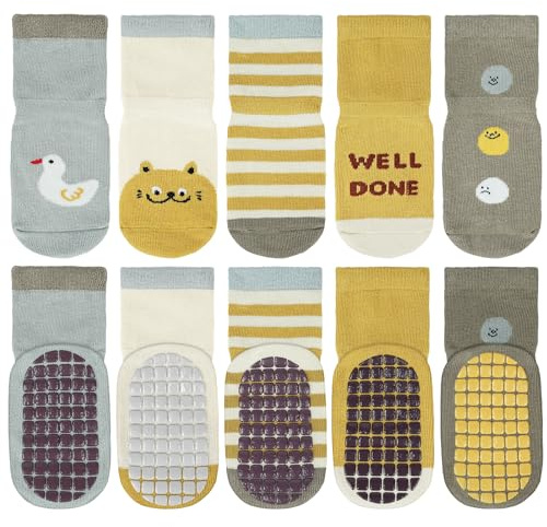 Vicloon Calcetines de Bebé,5 Pares Calcetines Antideslizantes de Algodón para Bebé,calcetines de dibujos animados con agarre para Bebés, Niños y Niñas(0-12 Meses)