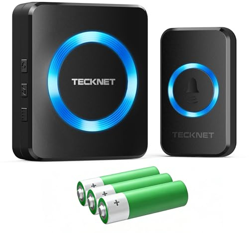 TECKNET Timbre inalámbrico con batería, mini timbre inalámbrico de 400 m, IP66 resistente al agua, juego de timbre inalámbrico para exteriores, 5 niveles de volumen, timbre de puerta y 60 melodías con
