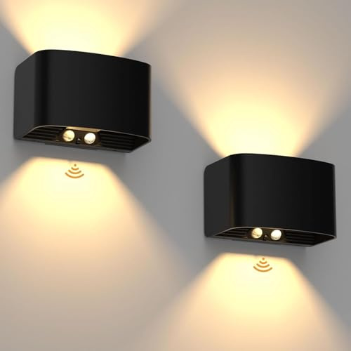 T-SUN Lámpara de Pared con Sensor de Movimiento y Control Remoto, Recargable Aplique pared Interior/Exterior, 2 Piezas Negro Lamparas pared Sin Cable, Aplique de Pared Arriba y Abajo, Brillo Ajustable
