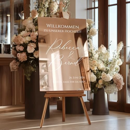 Cartello di benvenuto matrimonio personalizzato vetro acrilico specchio oro lucido – elegante decorazione per ricevimenti, feste ed eventi – Made in Germany