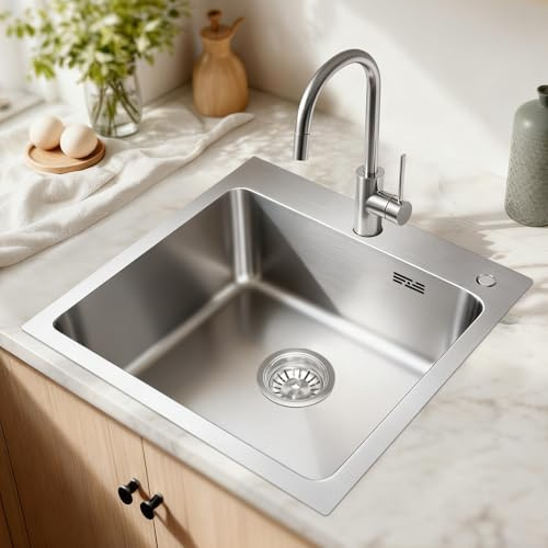 Melanstar Fregadero de acero inoxidable, 48 x 48 x 15 cm Fregaderos de un seno 1 lavabo, incluye sifón y orificio para grifo, Acero inoxidable plateado Kitchen Sink