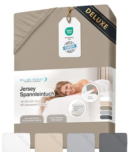 BLUE MOON Luxus Spannbettlaken - Spannbetttuch 140-160x200cm - Jersey - 96% Baumwolle/4% Elasthan - 190 g/m² - 30cm Steghöhe - rundumgummiert - knitterfrei - Öko-Tex - Made in Europe (Taupe)