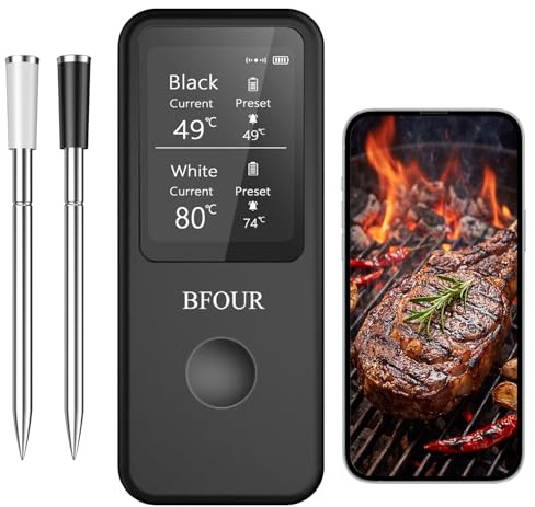 BFOUR Termómetro inalámbrico para carne con 2 sondas, termómetro de asado Bluetooth digital inalámbrico para asar, horno de barbacoa, control de aplicación, precisión ± 0,5 ℃, termómetro impermeable