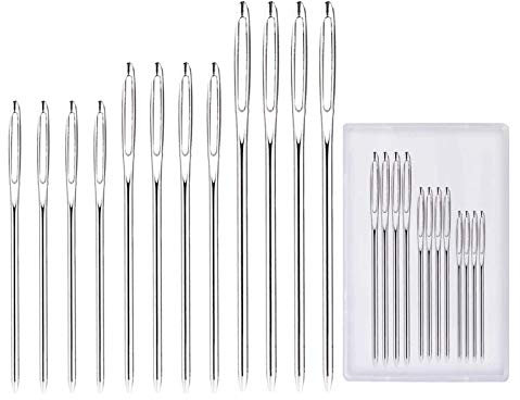 LEBQ 12 Pezzi Ago Grosso Grande Cruna dell’Aghi in Acciaio Aghi da Maglia Strumenti di Cucito con Bottiglia Trasparente, 3 Taglie