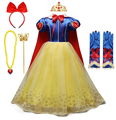 FMYFWY Biancaneve Principessa Carnevale Costumi Ragazze Natale Halloween Cosplay Vestito di Compleanno Comunione Cerimonia Pageant Festa Nozze Battesimo Abiti con Mantello Accessori 7-8 Anni