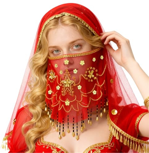 Baisdan Velo Facial para Danza del Vientre con Cuentas y Lentejuelas, Accesorio de Cosplay para Halloween y Carnaval, rosso, Talla única
