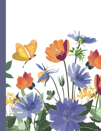 Composition Notebook: Wide Ruled, Floral Composition Notebook, Purple Chicory, Orange Gaillardia, 8.5 x 11, Soft Cover, 120 Pages, White