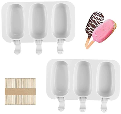 2 x 3 stampi per gelato al cioccolato congelato a scomparti, in silicone, riutilizzabili senza BPA, per fai-da-te (50 pezzi di bastoncini di legno)