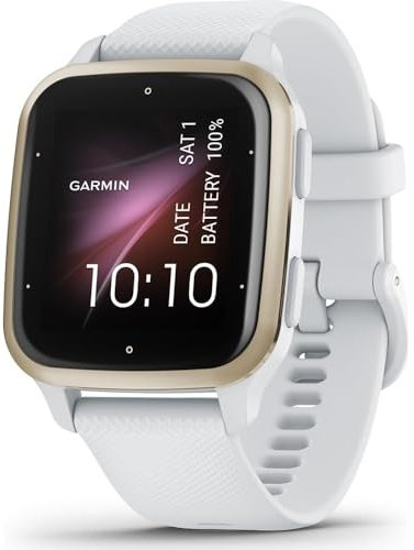 Garmin Venu Sq 2 - Montre connectée GPS Multisports avec écran AMOLED et Suivi santé - Cream Gold avec Bracelet Blanc - Boîtier 40 mm