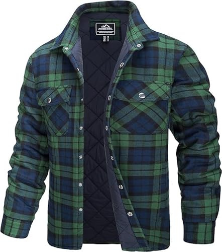 TACVASEN Lumberjack Shirt Men Plaid Padded Work Shirt Quilted Flannel Shirts Jacket Cotton Warm Checked Jacket with Pockets Green,L