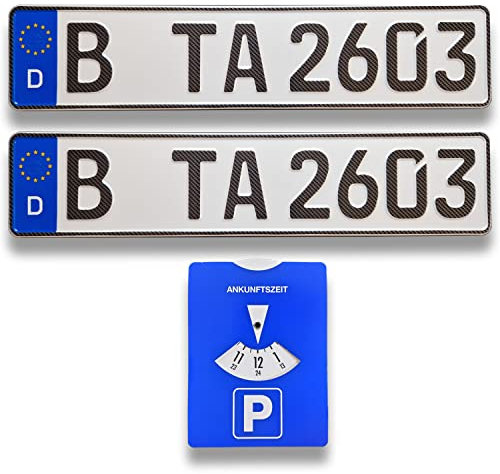 TA TradeArea 2 DIN-zertifiziertes Kfz-Kennzeichen in Carbon-Optik in der Standard-Größe 520x110 mm inklusive Parkscheibe passend für alle Deutschen Fahrzeuge