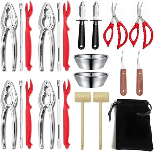 Luvan 23-teiliges Meeresfrüchte Werkzeug Set with 4 Gabeln, Hummer Krabben Cracker, Hummerschäler, 2 Scheren für Meeresfrüchte, Austernmesser,Garnelenzerleger, Krabbenhammer, Saucenbecher und 1 Beutel