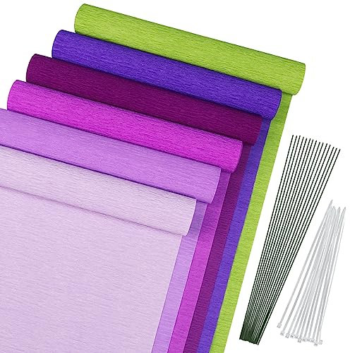 Krepppapier, MicButty 6 Rollen Krepppapier Lila Premium Krepppapiere Crepe Papier kreppband Kreppband Bunt Mit Grünes Kabel,Kabelbinder für Hochzeit, Weihnachten, Valentinstag, Papierhandwerk