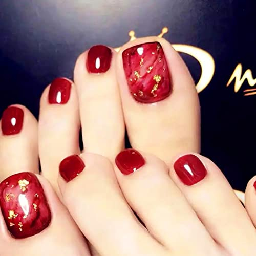 NICENEEDED 24 PCS Red Press on Toenails, Short Square Reusable False Toenail with Golden Design, Glossy French Fake Toe Nails for Women DIY Decoration Halloween