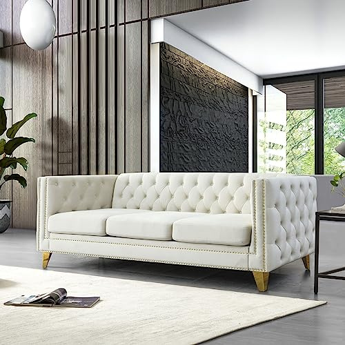80.5-Inch Velvet 3 Seater Sofa Couch, Comfy Couches for Living Room, Modern Sofa with Tufted Back and Rivet Decoration, Upholstered Long Couch with Solid Golden Metal Tapered Legs, Beige