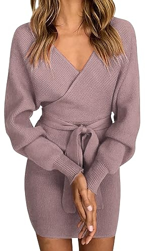 heekpek Abito Invernale Donna Maglia Elegante Mini Abiti Tubino Donna Comodi Elasticità Manica Lunga Scollo a V Corti Abiti Scollati con Cintura