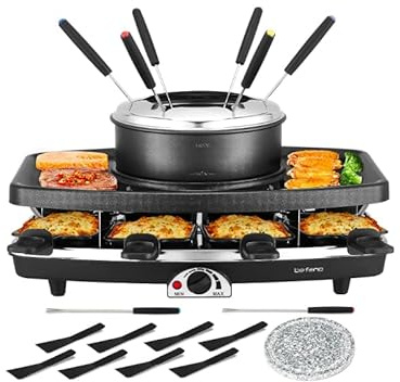 Befano 6-Cup Electric Cheese Fondue Pot, Combo with Raclette Machine for 8 People and Indoor Grill, Simple Adjustable Thermostats, Perfect for Parties and Family Fun
