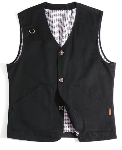 MeiLayM Gilet da All'aperto di cotone da Uomo Leggero Traspirante Multi-Tasche Panciotto Pesca Casual Gilet Caccia Fotografi Campeggio Senza Maniche Nero,M