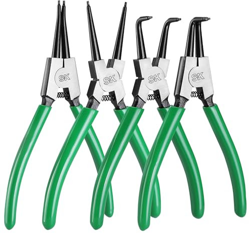 SK 4-Piece Snap Ring Pliers Set, 7-Inch Internal/External Circlip Pliers with Straight/Bent Jaw, Tip Diameter 0.07'', Premium CR-V Steel, with Zipper Pouch