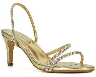 Women's Diamante Heeled Sandals Ladies Gold Metallic Strappy Stiletto Low Mid Heel Bridal Party Shoes Size 5