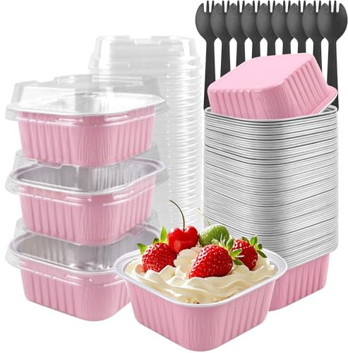 Tikxlafe 50 Pack 5oz Square Mini Cake Pans with Lids and Spoons,Aluminum Foil Baking Cups,Disposable Mini Loaf Pans Ramekins for Brownie, Cheesecake, Mousse & Wedding Party Favors-Pink