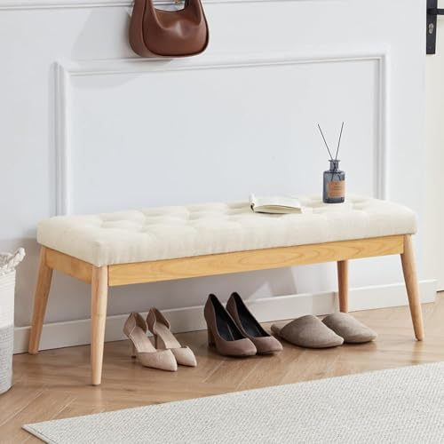 BAKAJI Panca Fondoletto in Tessuto con Struttura Legno, Cassapanca Pouf Camera da Letto, Ingresso, Ufficio, Cameretta, Soggiorno, Salotto, Panchina Ottomana Imbottitura Alta Densità (Beige)