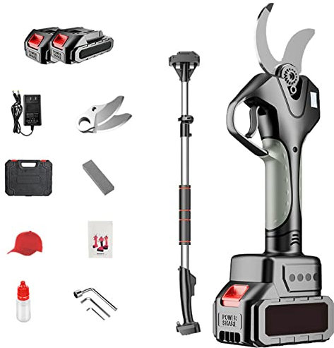 Tijeras de podar eléctricas de 110 V/220 V, podadora profesional inalámbrica con pértiga extensible, ajuste de filo de 6 cm, ramas de 5 m de altura, caja de herramientas, 2 baterías, pantalla digita