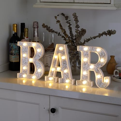 TEHIBIEN Silver Glitter BAR Sign - Battery Powered Bar Letters, LED Light Up Letters for Home Bar, Party Decor