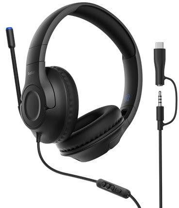 Belkin Gaming Inspire Auriculares para niños con Cable y Adaptador USB-C, Micrófono Externo Ajustable, Limitador del Volumen a 85dB, Nintendo Switch 2, iPhone 16, Samsung Galaxy S25 y tabletas, Negro