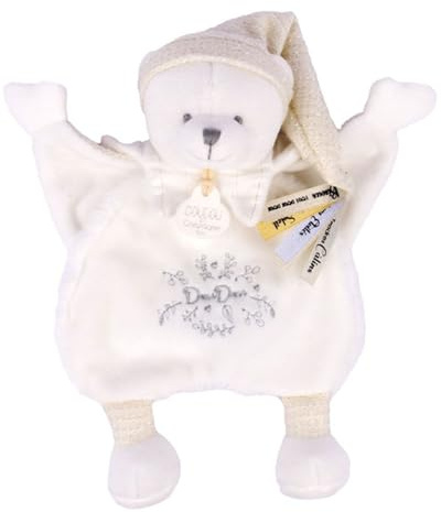 DOUDOU ET COMPAGNIE - Doudou Cape Ours BLANC Peluche Bébé - Ultra Doux et Plat avec Bonnet Doré - Collection Anniversaire 25 ANS - Idée Cadeau Naissance Mixte - Garantie Doudou Perdu - DC4341
