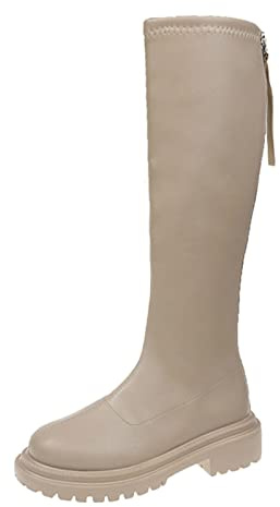 Générique Lårhöga damstövlar plusstorlek damplattformsstövlar rund tå pu-läderstövletter enfärgade stövlar höst vinter boot chic och mångsidig lårhöga stövlar, Beige färg, 37 EU