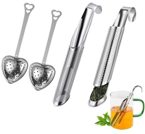 4 pezzi Teaballs in acciaio inox – infusore a forma di cuore con manico Cucchiaino per uova da tè per tè sfuso, set per tè e cerimonia di tè