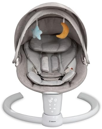 Kidnort Drom Elektrische Babywippe für Kinder bis 9 kg, baby wippe mit Fernbedienung und Bluetooth, 5 Schaukelmodi, Insektennetz, Sonnenschutz, 5-Punkt-Sicherheitsgurt, Touchscreen Grau