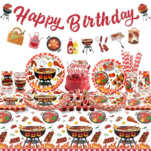 Suministros de fiesta de cumpleaños para barbacoa, incluye pancartas, platos, adornos para cupcakes, servilletas, vasos, manteles, para picnic de verano, vacaciones, decoración de fiesta de cumpleaños