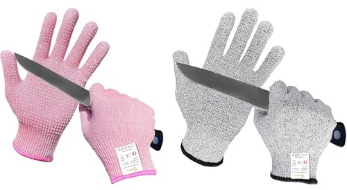 Evridwear Cutting Gloves Level 5 Cut Resistant, Food Safe Gloves with Non-Slip Grip for Kitchen, Meat Cutting & Mandoline Use, 2 Pairs (M, Pink+Gray)