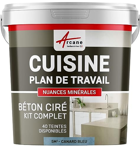 Béton ciré cuisine, plan de travail, crédence, évier, sol et mur, revêtement mural décoratif, kit complet - 5 m² (en 2 couches) Canard Gris Bleuté - ARCANE INDUSTRIES