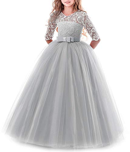 Flower Girls Lace 3/4 Sleeve Dress Wedding Bridesmaid First Communion Evening Party Floor Length Dress Kids Princess Pageant Birthday Prom Carnival Christmas Ball Gown Grey 11-12 Years
