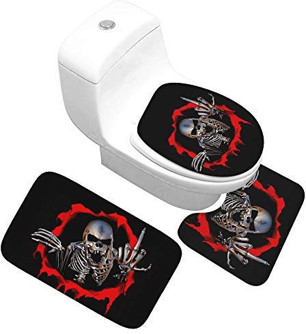 FGHJSF Badezimmermatten und Teppiche Schwarzer Schädel 3-teiliges Badteppich-Set Toilettensitzbezug und -vorleger, Badezimmer-Garnitur, U-förmiger Teppich, Matte
