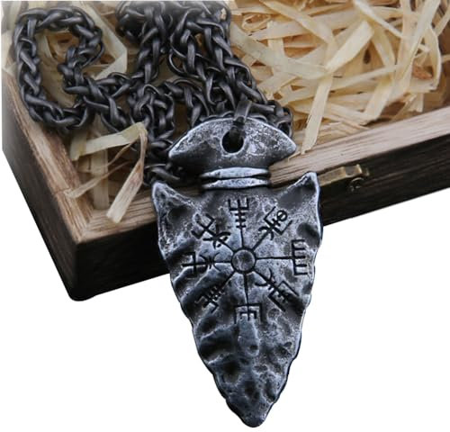 ZFSBRTL Wikinger Vegvisir Rune und Helm der Ehrfurcht Odin Speer Anhänger Halskette, Nie verblassen Nordische Mythologie Schmuck Wikinger heidnisches Amulett Geschenk
