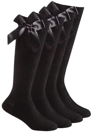 ShopMCR 2 paia di calzini alti al ginocchio con fiocco per il ritorno a scuola calzini in cotone ricco uniforme partito usura comfort fit, Nero , 3-6 Years