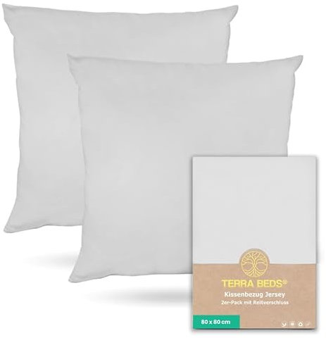 Terra Beds Kissenbezug 80x80 (Set mit 2) - 100% Baumwolle Jersey 160 g/m2, Oeko-Tex Zertifiziert - Kopfkissenbezug für Kissen 80x80 mit Reißverschluss, weich und atmungsaktiv - (Silber Grau)