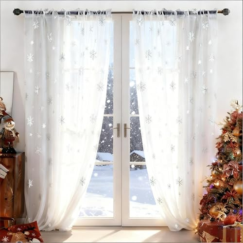 MikiUp Christmas Snowflakes Sheer Curtains, Silver Foil Printed Semi Sheer Drapes, Rod Pocket Xmas Decoration Window Treatment Panels for Bedroom Living Room, White 52 x 84 inch