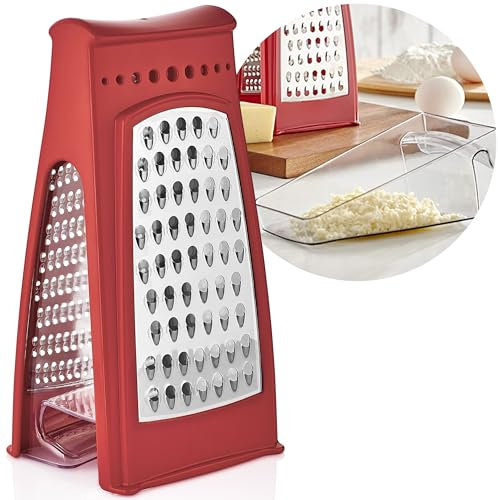 uandu Küchenreibe | Doppelkantik | grob und feines Reiben | mit Auffangbehälter | Reibe aus Edelstahl, Rutschfest, Geeignet für Obst, Gemüse, Käse, Käsereibe, Knoblauch, Gemüsereibe Kitchen -Rot