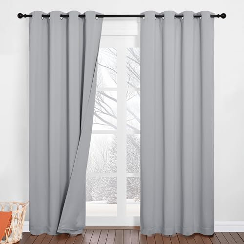 PONY DANCE Schallschutz Vorhang mit Abnehmbarem Filzfutter 2er Set H 213 x B 132 cm Silbergrau, Dreilagige Kälteschutz Thermogardinen Verdunklungsgardine mit Ösen Dicke und Schwere Vorhänge