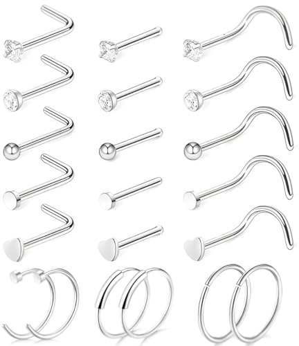 Leogony 18PCS Nose Piercing Rings Jewellery Silver for Women, Small Surgical Steel Nose Stud, Hypoallergenic Nose Piercings Hoop Bars