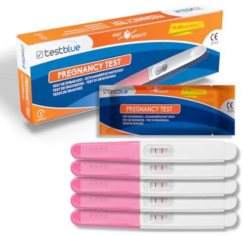TestBlue Test de Embarazo 99,98% Precisa (Pack de 5) – Prueba de Embarazo de Alta Sensibilidad hCG | Resultado Rápido en 3 Minutos | Test Embarazo Profesional y Fácil de Usar en Casa