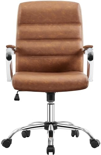 Yaheetech PU Leather Armchair Modern Adjustable Relax Chair with Silver Metal Base Rocking Vanity Chair for Living Room, Bedroom Retro Brown