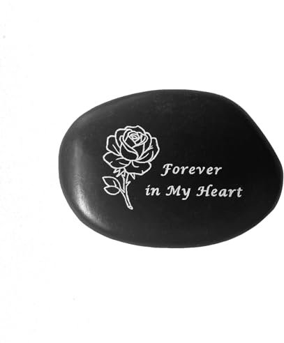 Rigoorium Memorial Stone - in Loving Memory Natural Black Pebble for Grave Sites, Memorial Décor Sympathy Gifts for Loss of Loved One (Rose)