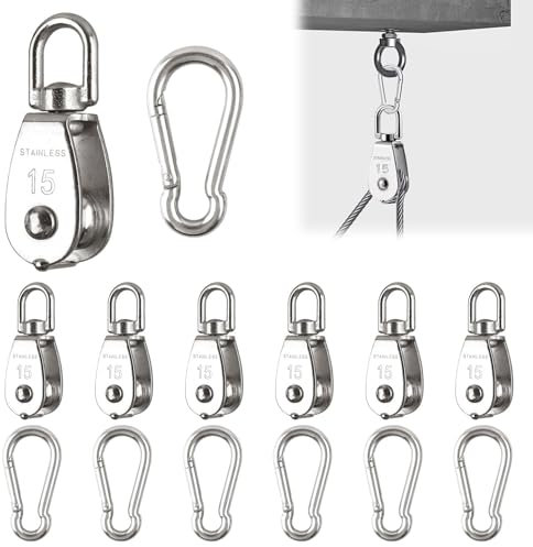 6 Stück M15 Umlenkrolle Set, 6 Stück Umlenkrolle M15 & 6 Stück Karabiner M4, Edelstahl Umlenkrollen für Drahtseile Seile Bis 6 mm Durchmesser, Tragkraft 35kg (Silber) Rolle für Sonnensegel, Fitness