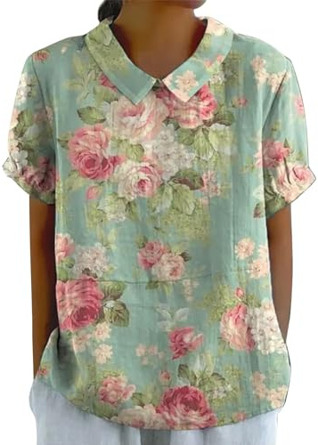 Maglietta Donna Estiva Lino Camicia Manica Corta Elegante Curvy Cotone Lino Stampa Floreale con Colletto Bluse e Camicie Casual Leggera Moda T Shirt Camicetta Fantasia Taglie Forti Classico Maglia Top